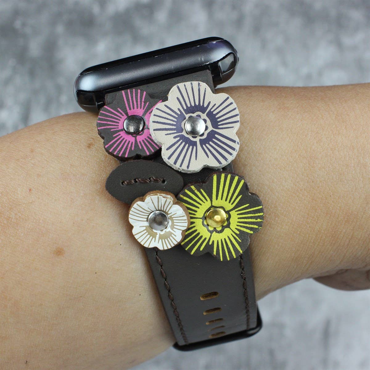 Genuine Leather Floral Or Butterfly Rivets Band: 42/44/45/49mm / Black