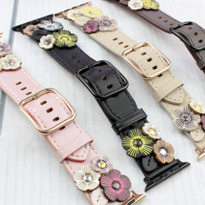 Genuine Leather Floral Or Butterfly Rivets Band: 42/44/45/49mm / Black