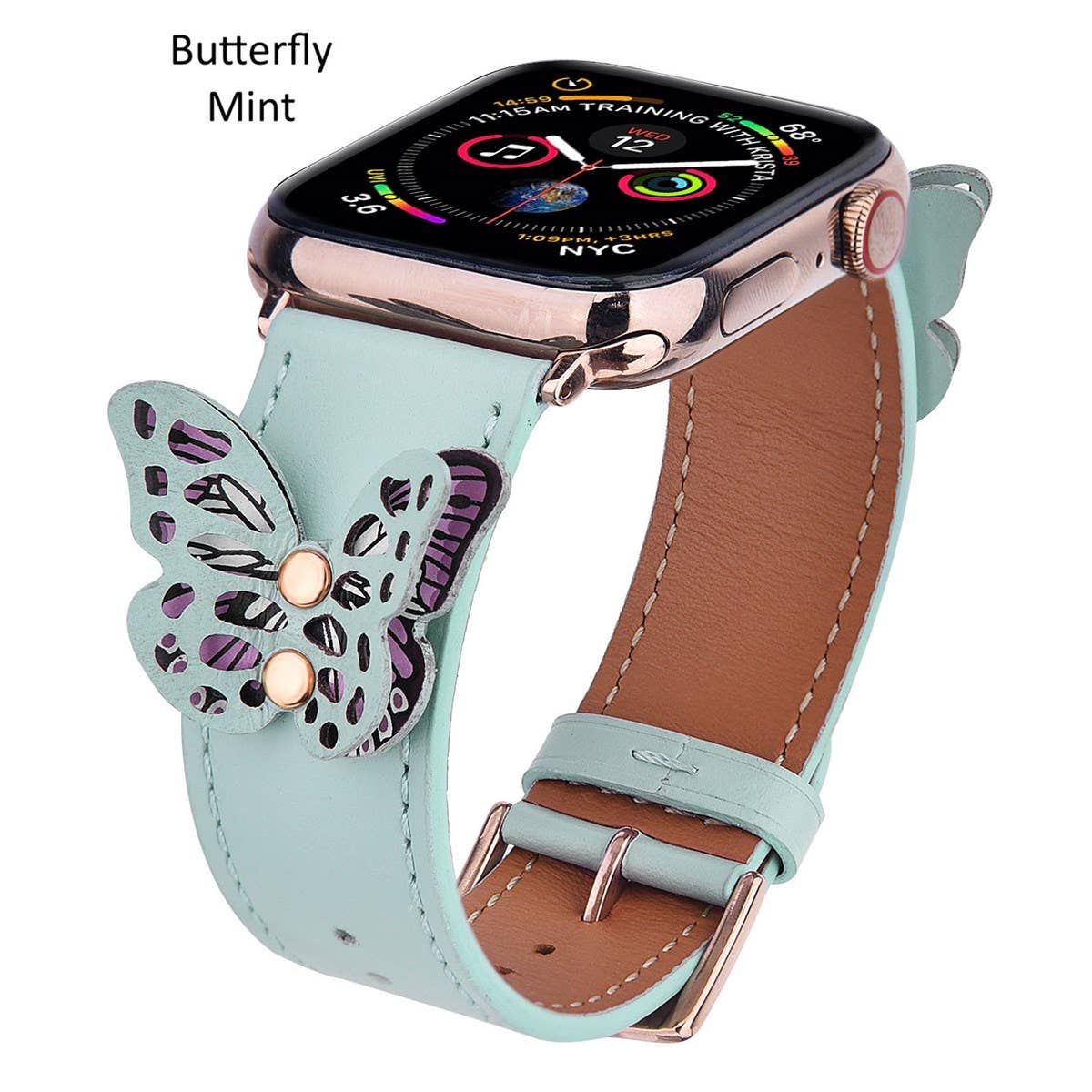 Genuine Leather Floral Or Butterfly Rivets Band: 42/44/45/49mm / Black