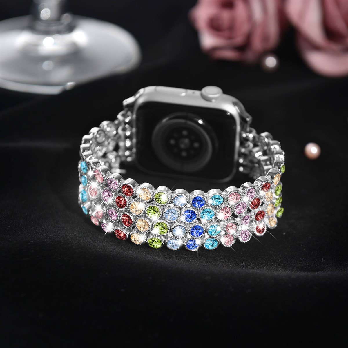 Crystal Diamond Bling CZ Silver Stretch Elastic Apple Watch: 42/44/45mm / Silver