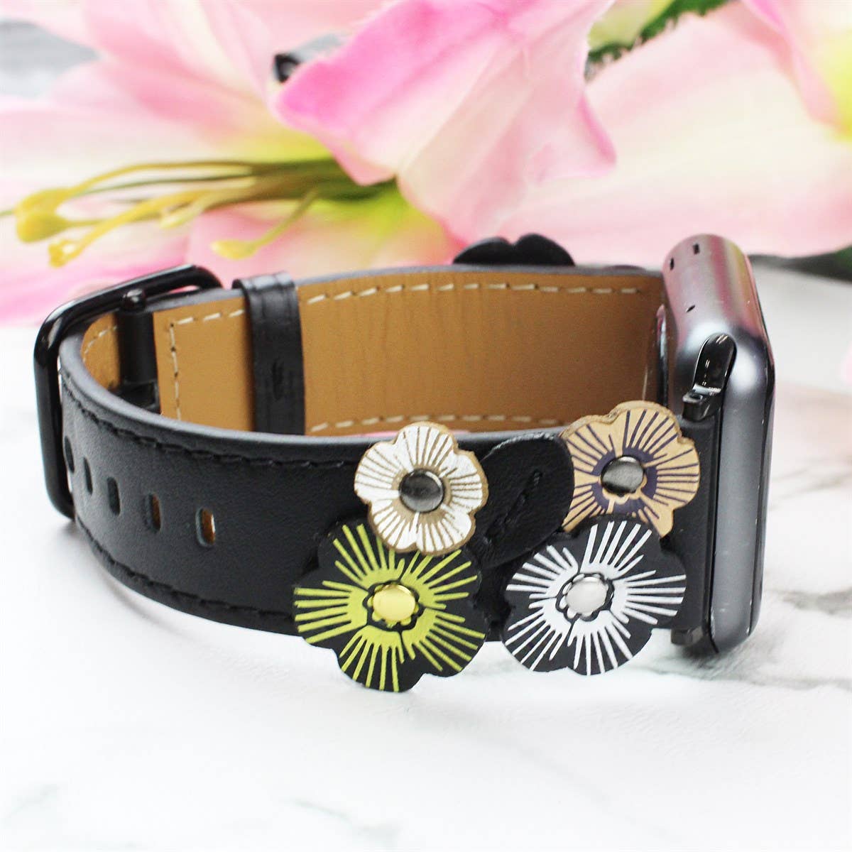 Genuine Leather Floral Or Butterfly Rivets Band: 42/44/45/49mm / Black