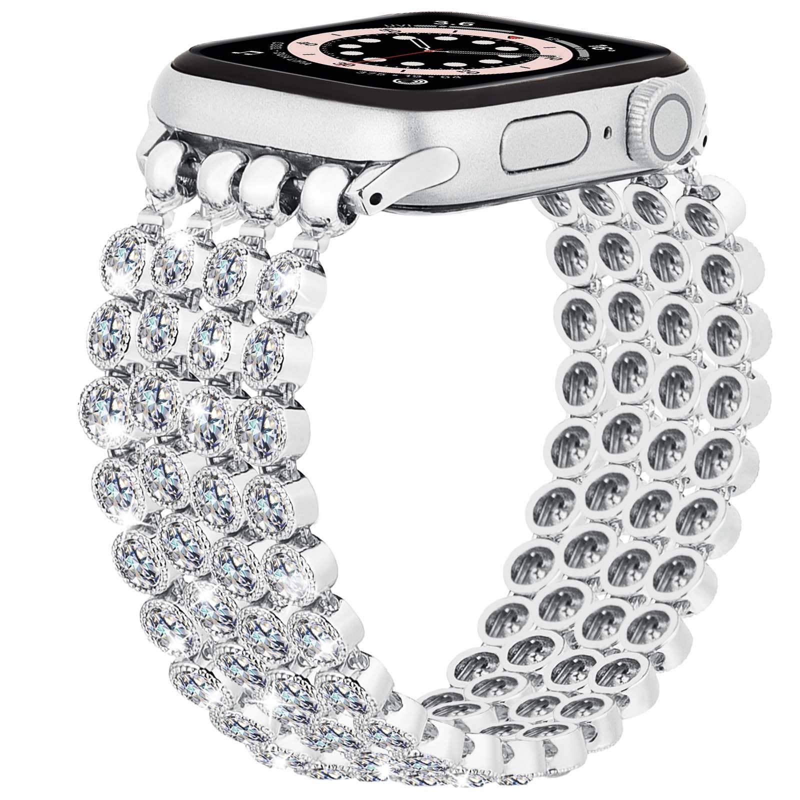 Crystal Diamond Bling CZ Silver Stretch Elastic Apple Watch